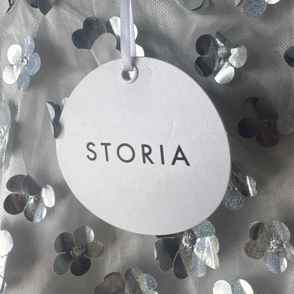 Storia Amaryllis Silver Petal Party Dress White Tulle Metallic Mini Large NEW - Picture 9 of 10